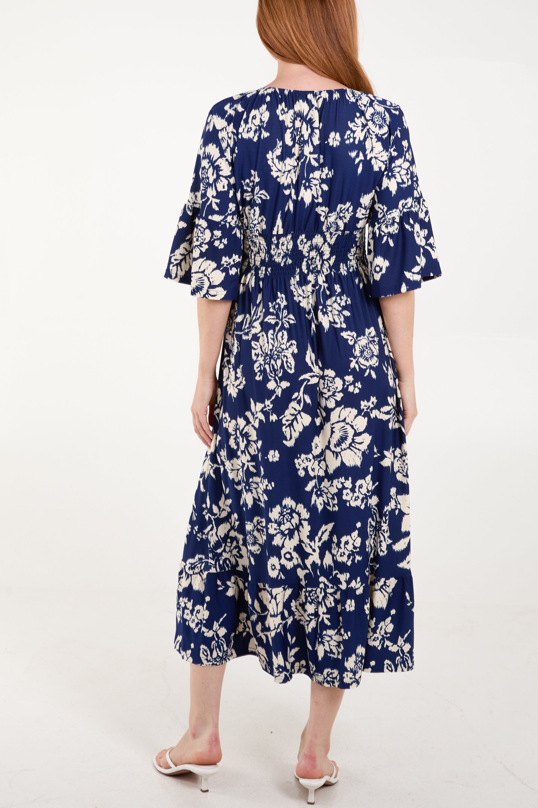 Large Floral Print Shirred Waist Midi Dress