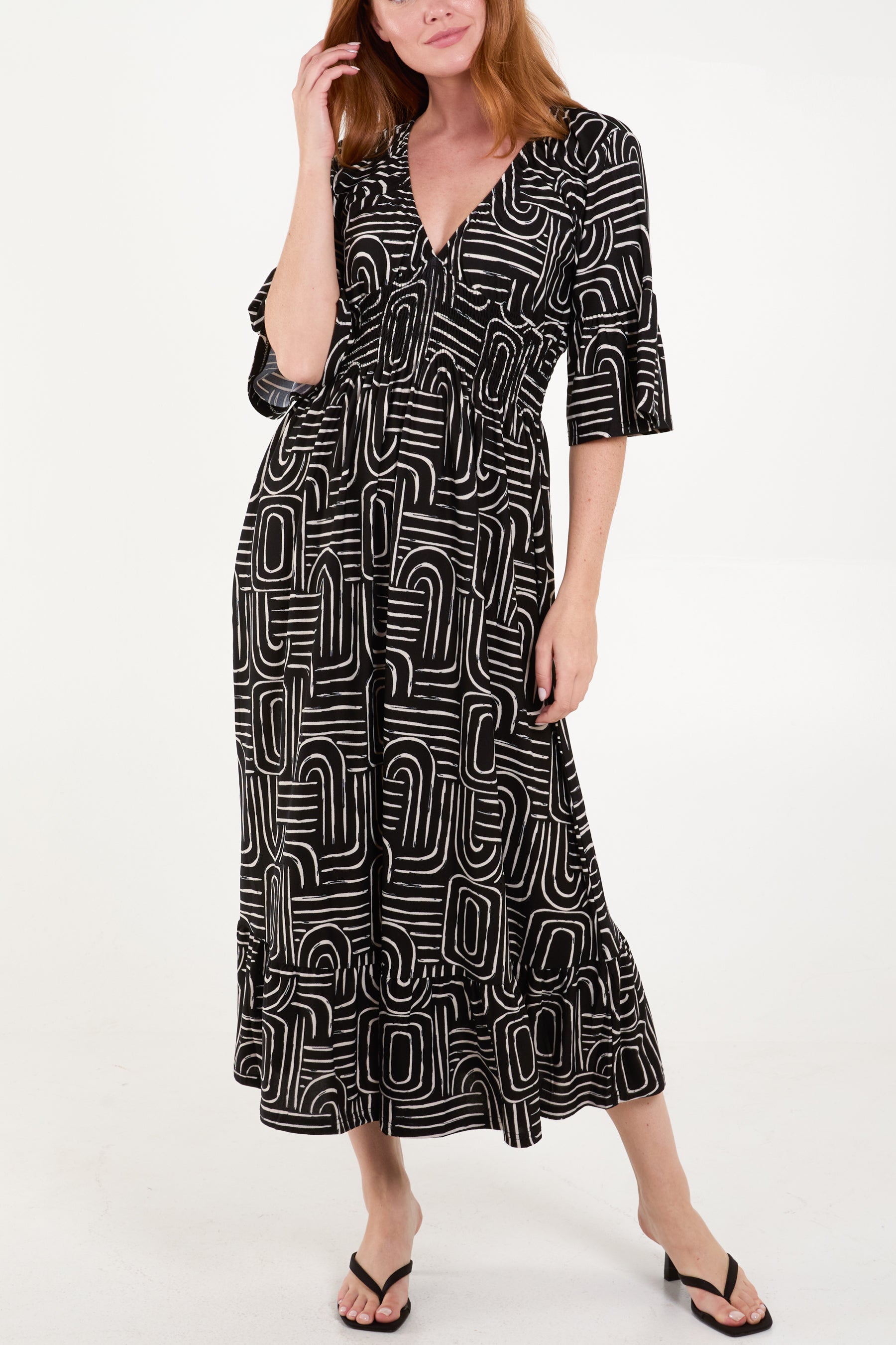 Geometric V-Neck Print Shirred Waist Midi Dress