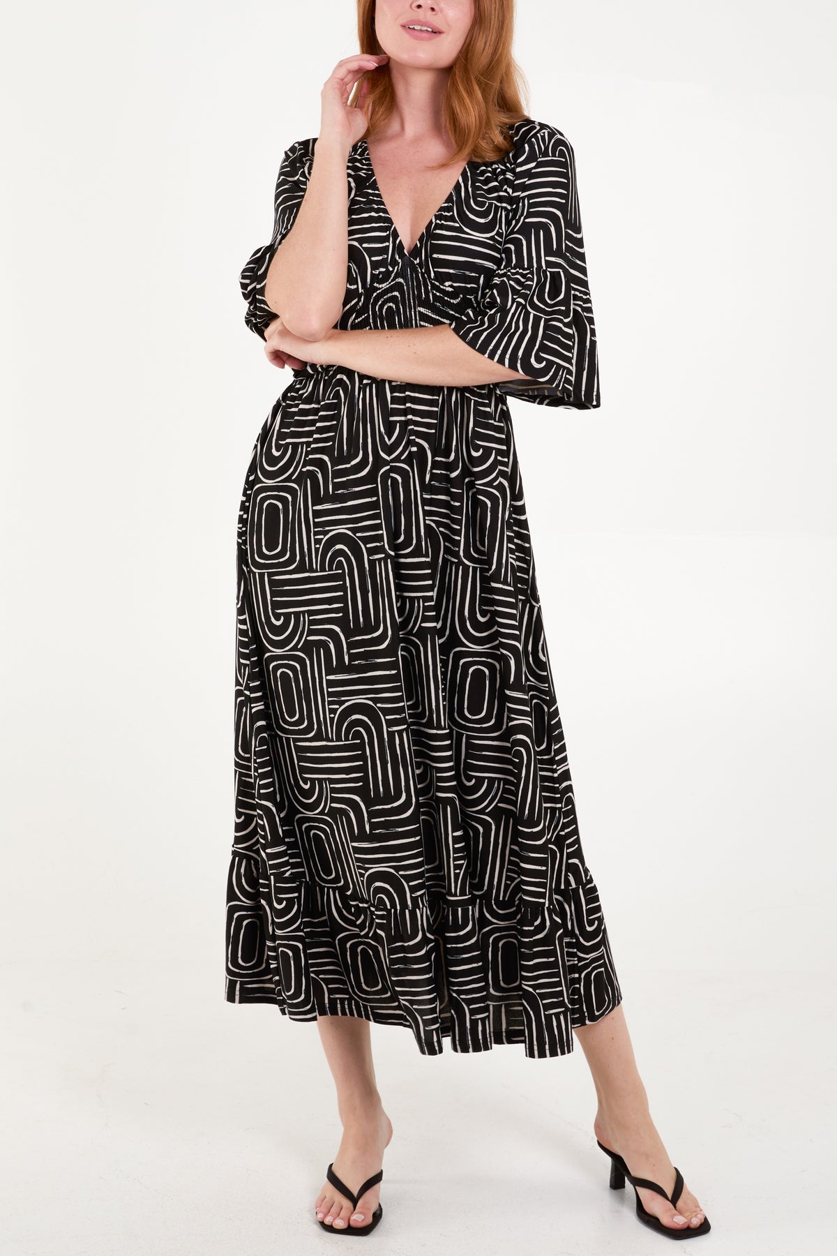 Geometric V-Neck Print Shirred Waist Midi Dress