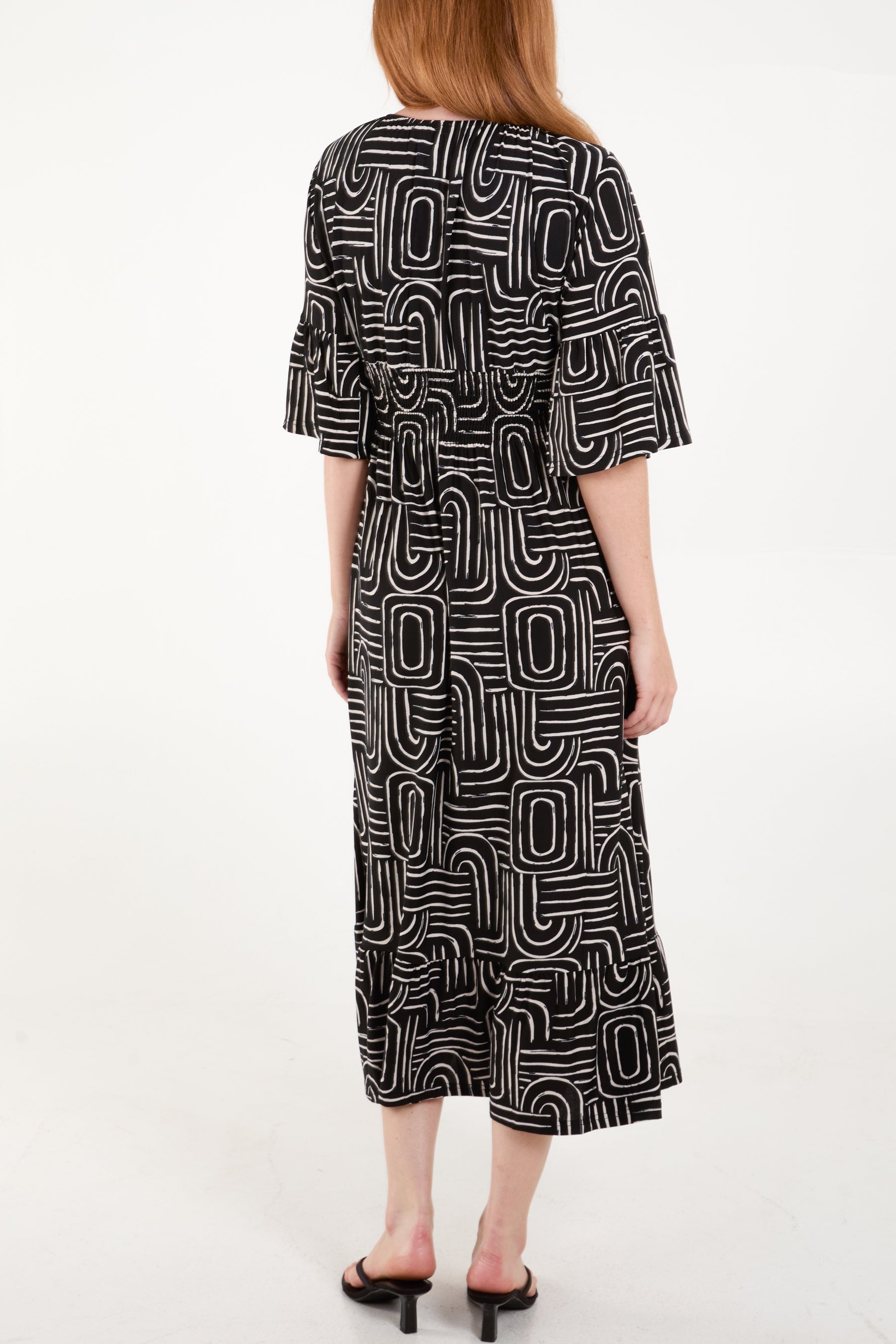 Geometric V-Neck Print Shirred Waist Midi Dress