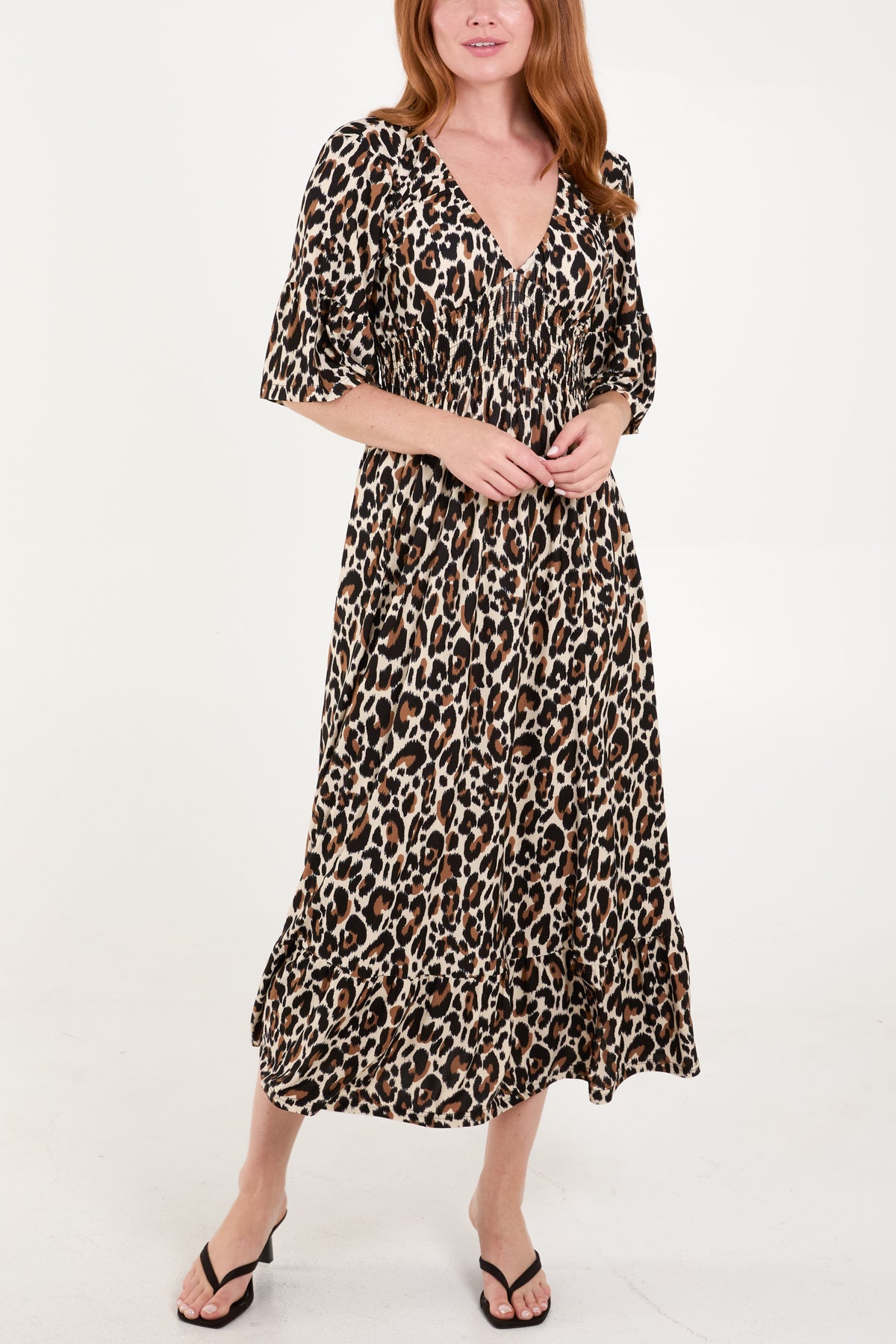 Leopard Print V-Neck Shirred Waist Midi Dress