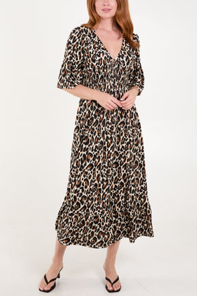 Leopard Print V-Neck Shirred Waist Midi Dress