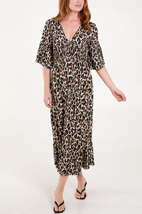 Leopard Print V-Neck Shirred Waist Midi Dress