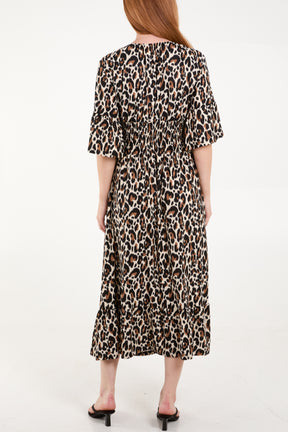 Leopard Print V-Neck Shirred Waist Midi Dress