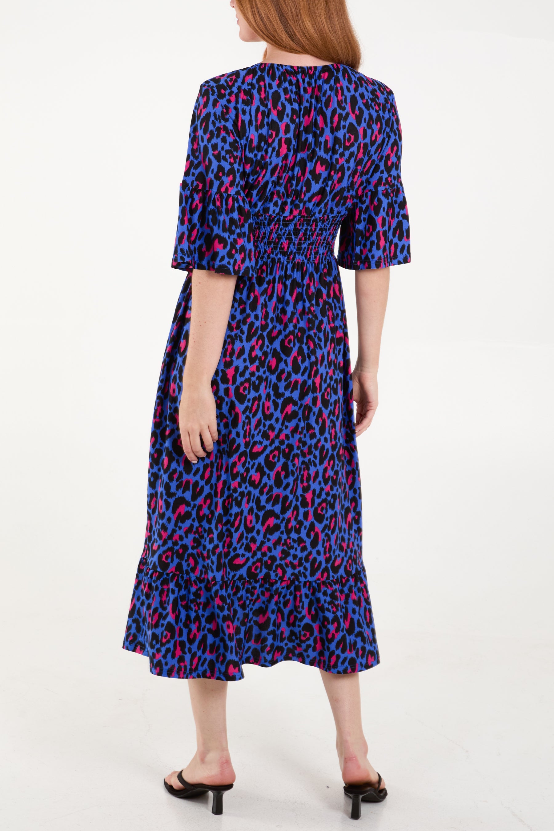 Animal Print V-Neck Shirred Waist Midi Dress