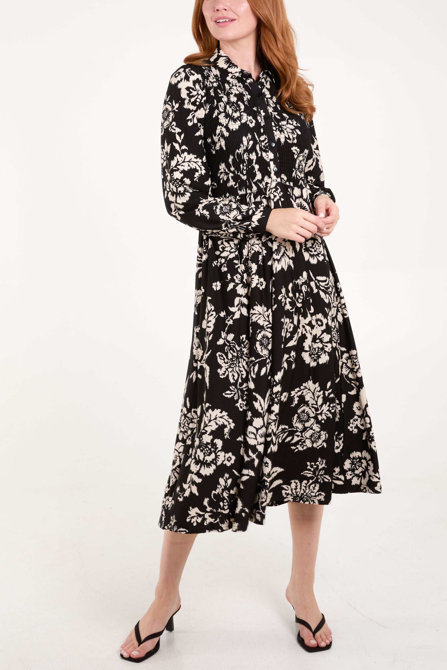 Floral Shirred Button Bust Long Sleeve Dress