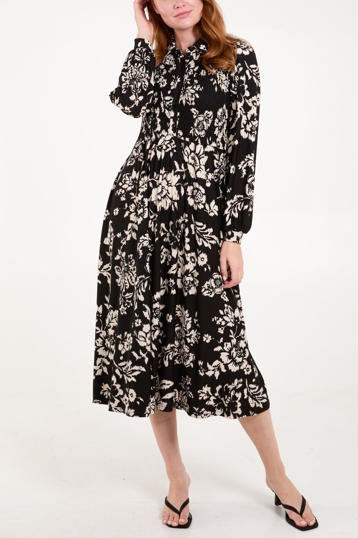 Floral Shirred Button Bust Long Sleeve Dress