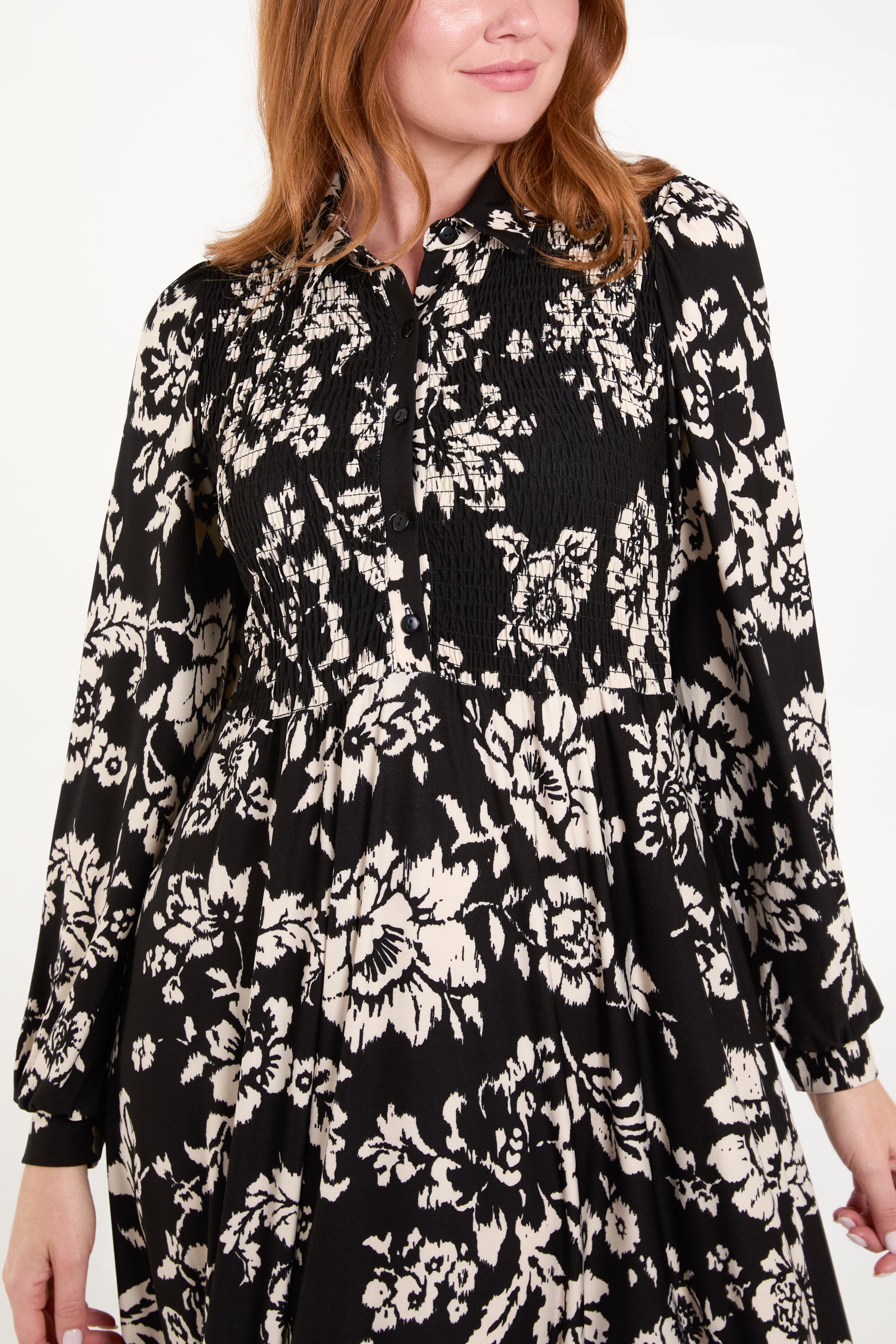 Floral Shirred Button Bust Long Sleeve Dress