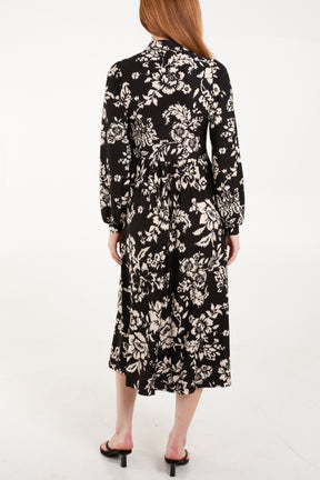 Floral Shirred Button Bust Long Sleeve Dress