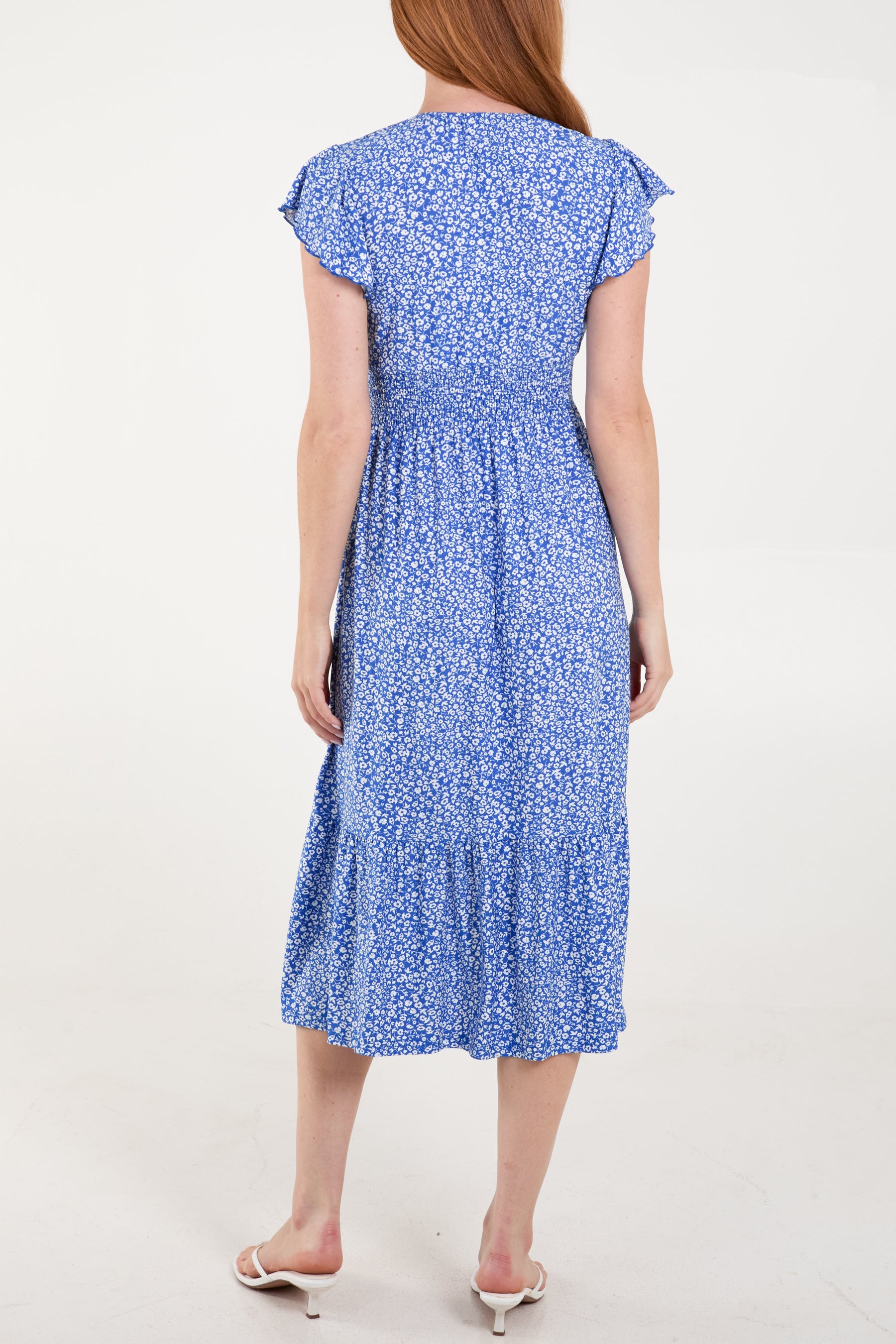 Ditsy Floral Shirred Flutter Midi Dress