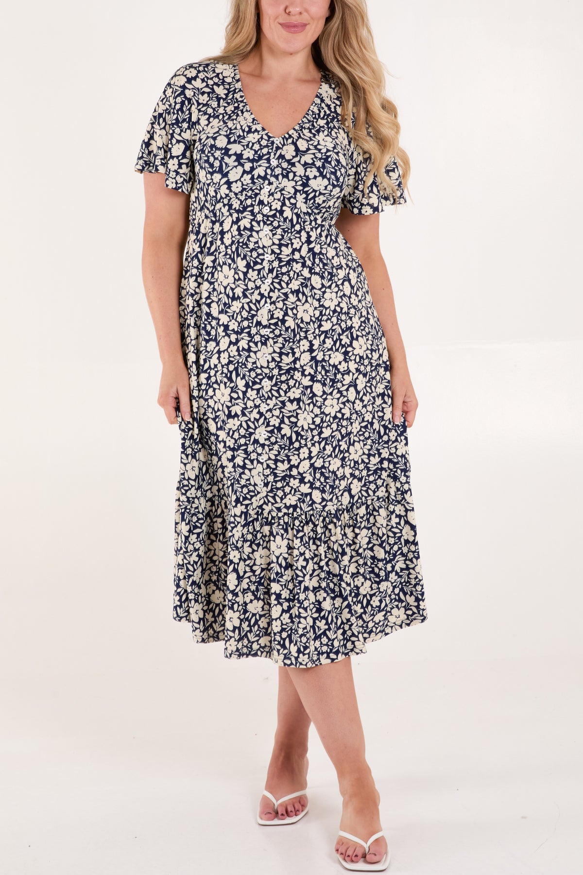 Floral Print Button Front Midi Dress