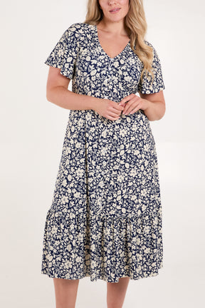 Floral Print Button Front Midi Dress