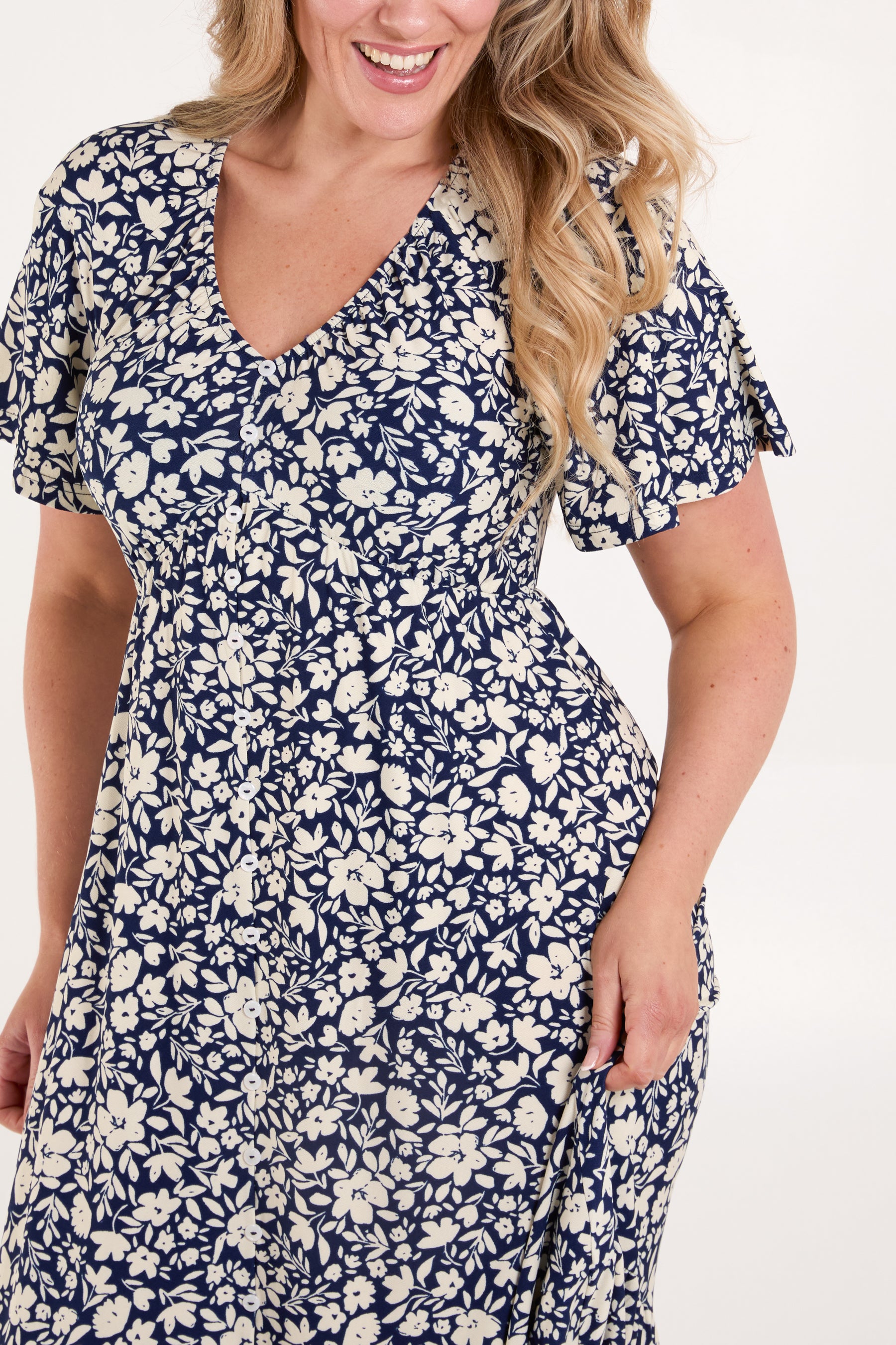 Floral Print Button Front Midi Dress