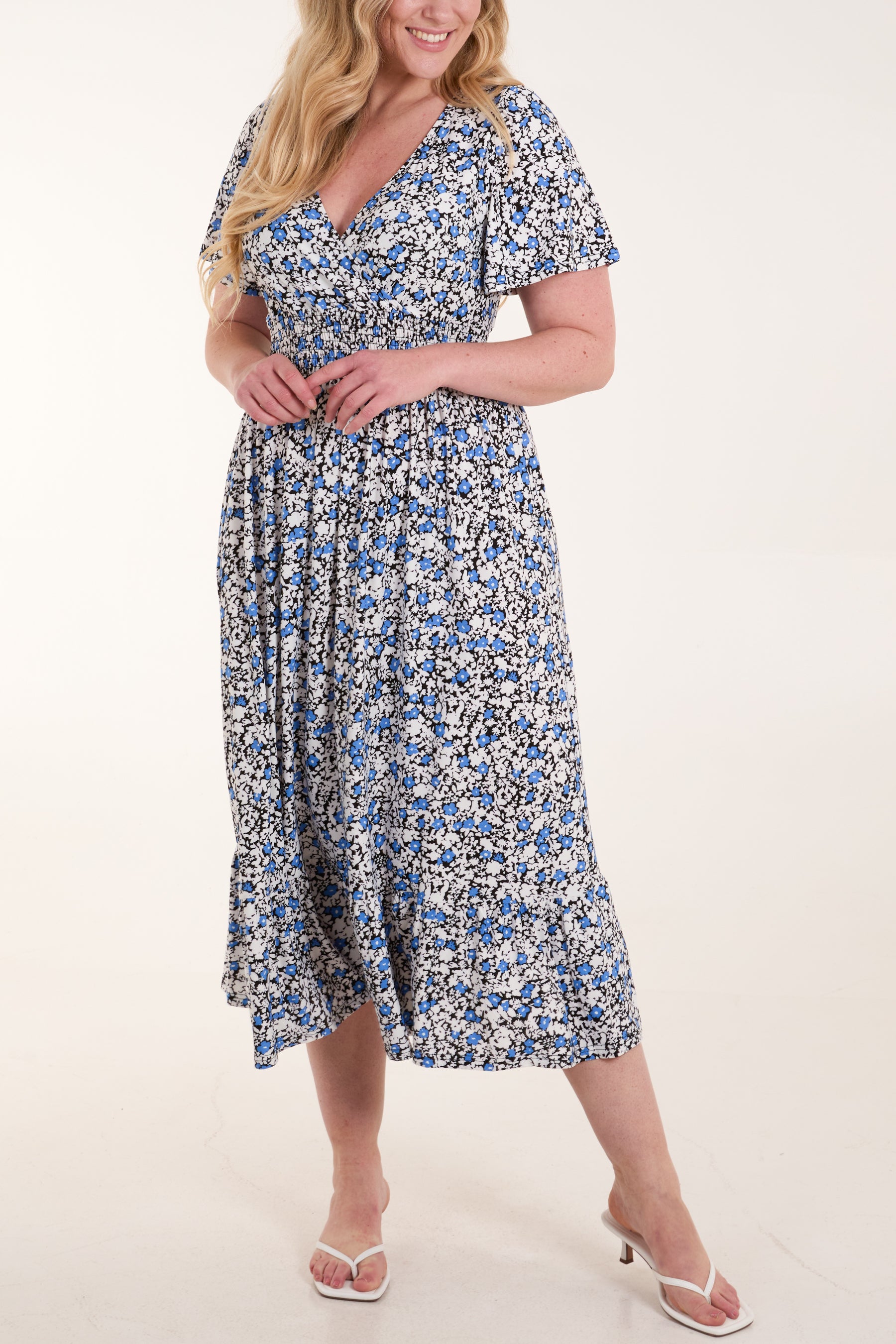 Ditsy Floral Print Wrap Front Midi Dress