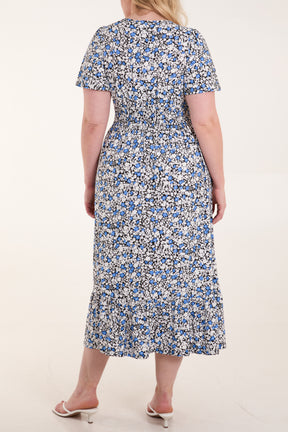 Ditsy Floral Print Wrap Front Midi Dress