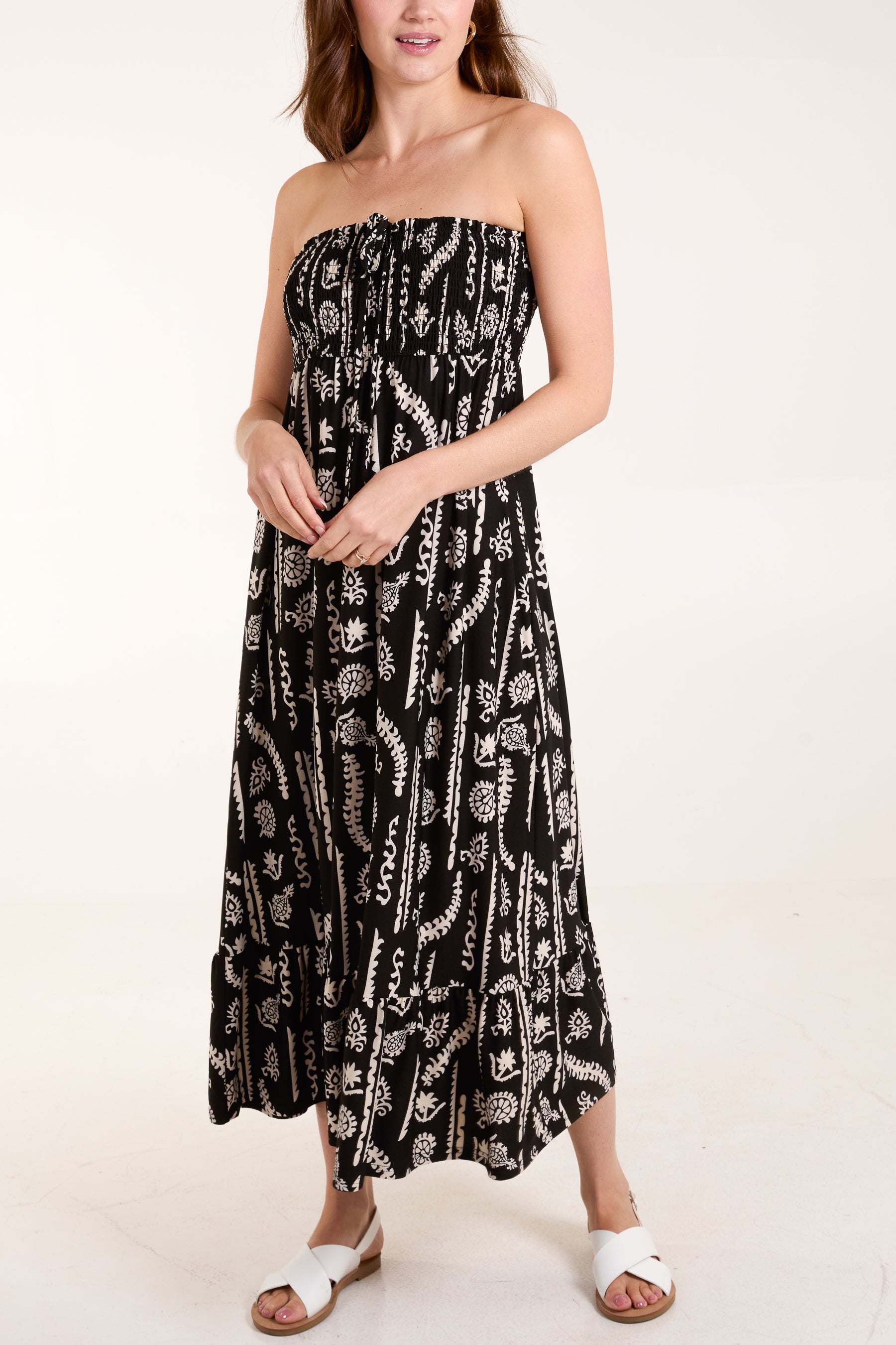 Ikat Print Shirred Bandeau Dress