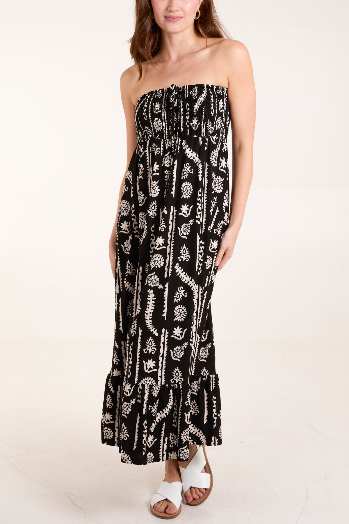 Ikat Print Shirred Bandeau Dress