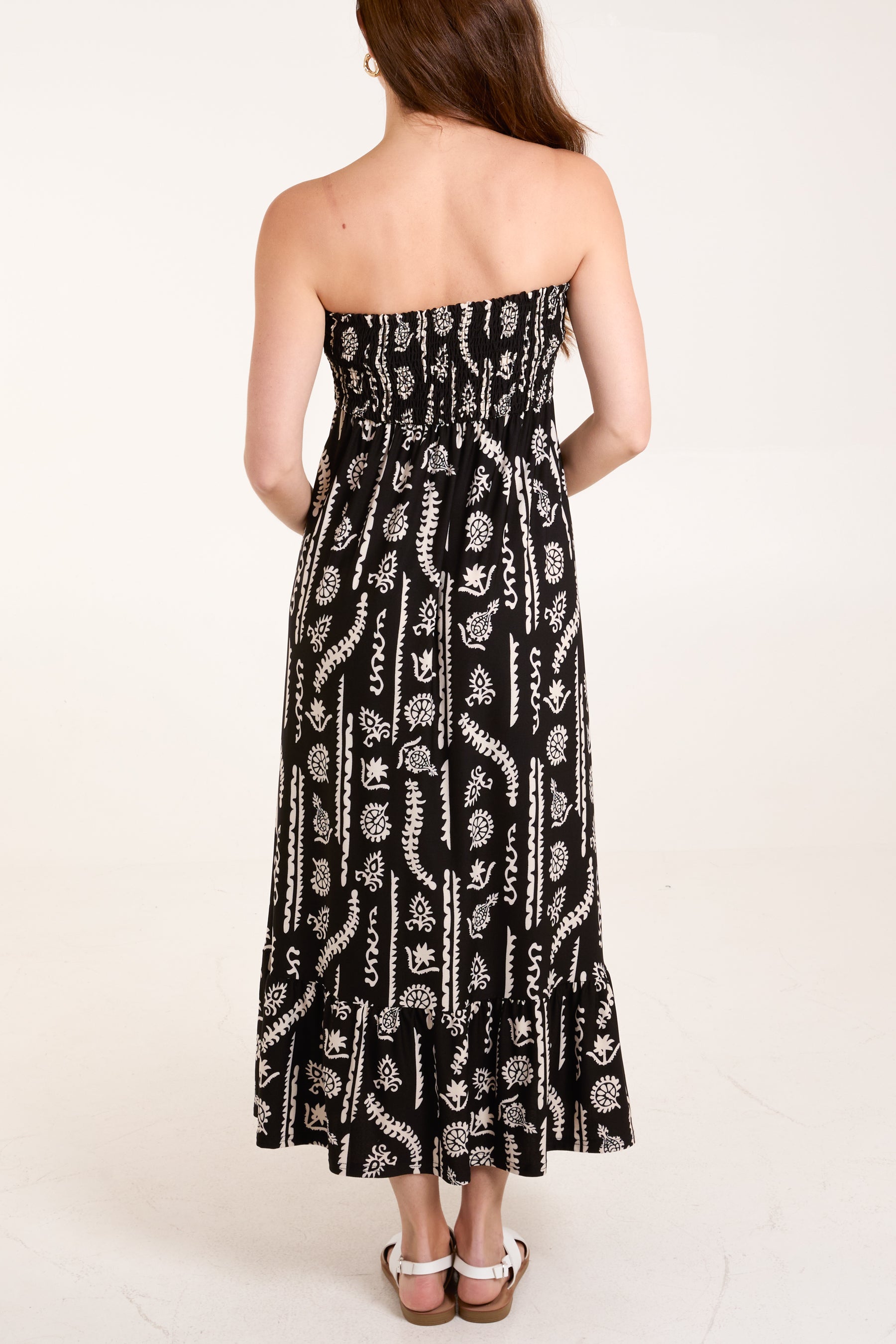 Ikat Print Shirred Bandeau Dress