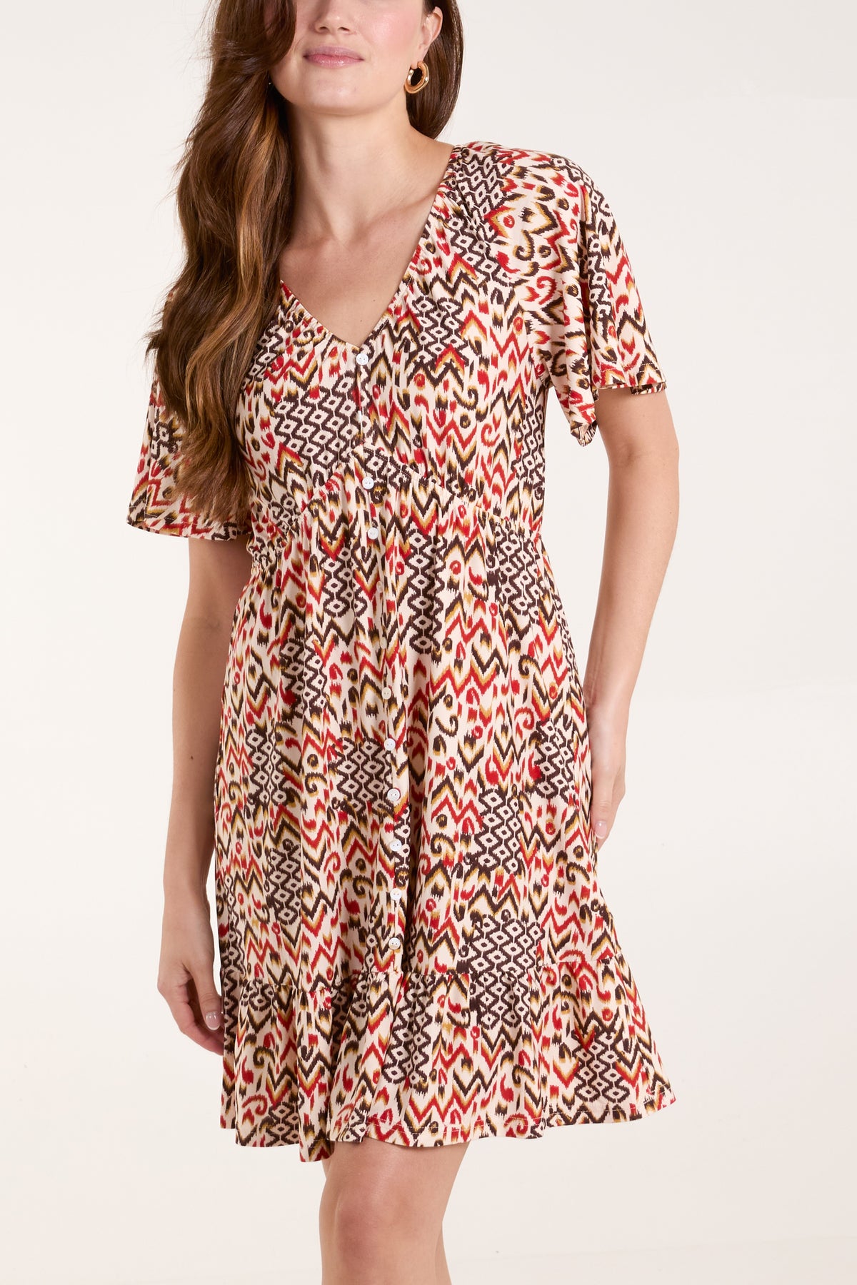 Aztec Button-Through Flutter Mini Dress