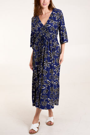 Leaf Print V-Neck Shirred Tie Midi Dress