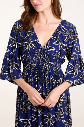 Leaf Print V-Neck Shirred Tie Midi Dress