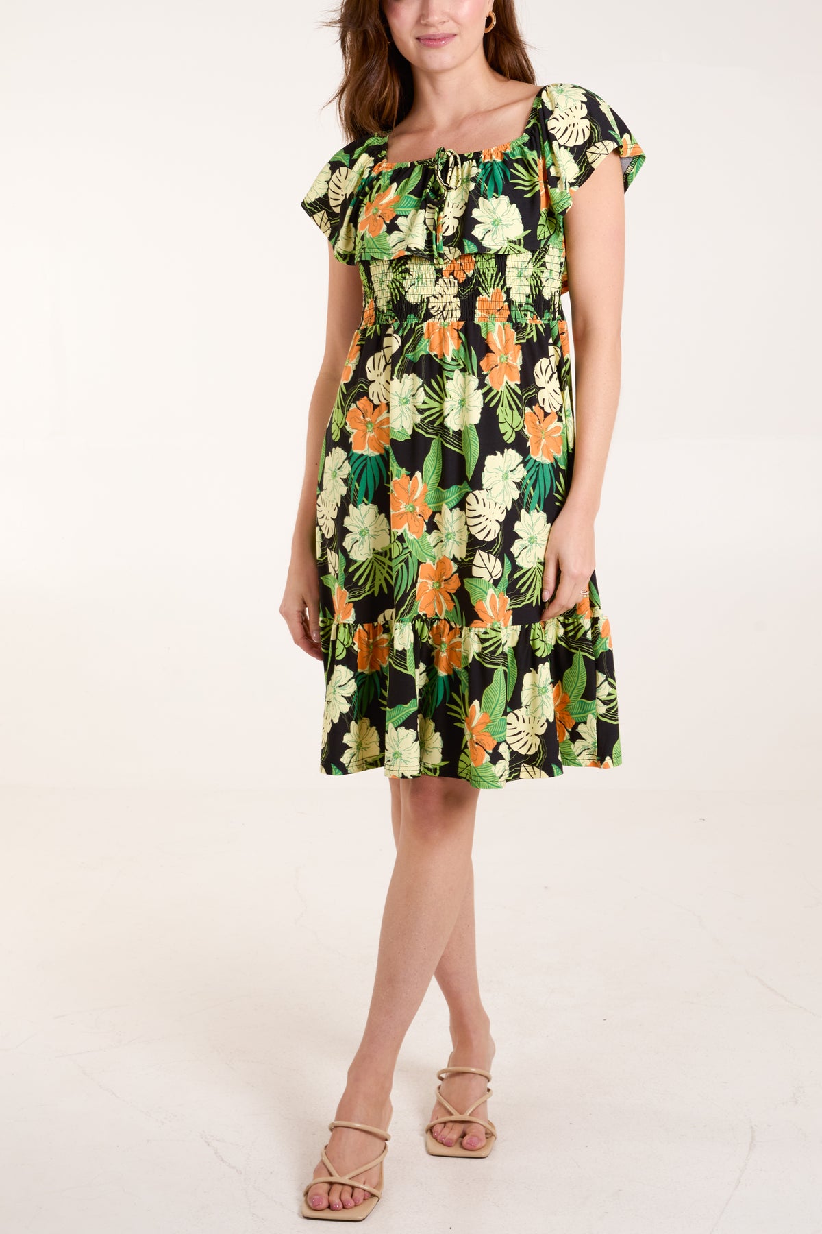 Tropical Floral Square Neck Dress