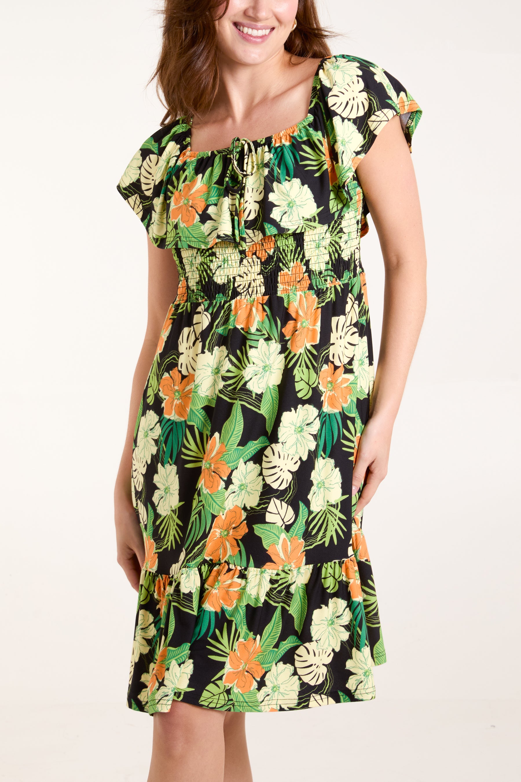 Tropical Floral Square Neck Dress