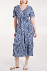 Ditsy Leaf Print Button Front Midi Dress