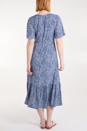 Ditsy Leaf Print Button Front Midi Dress