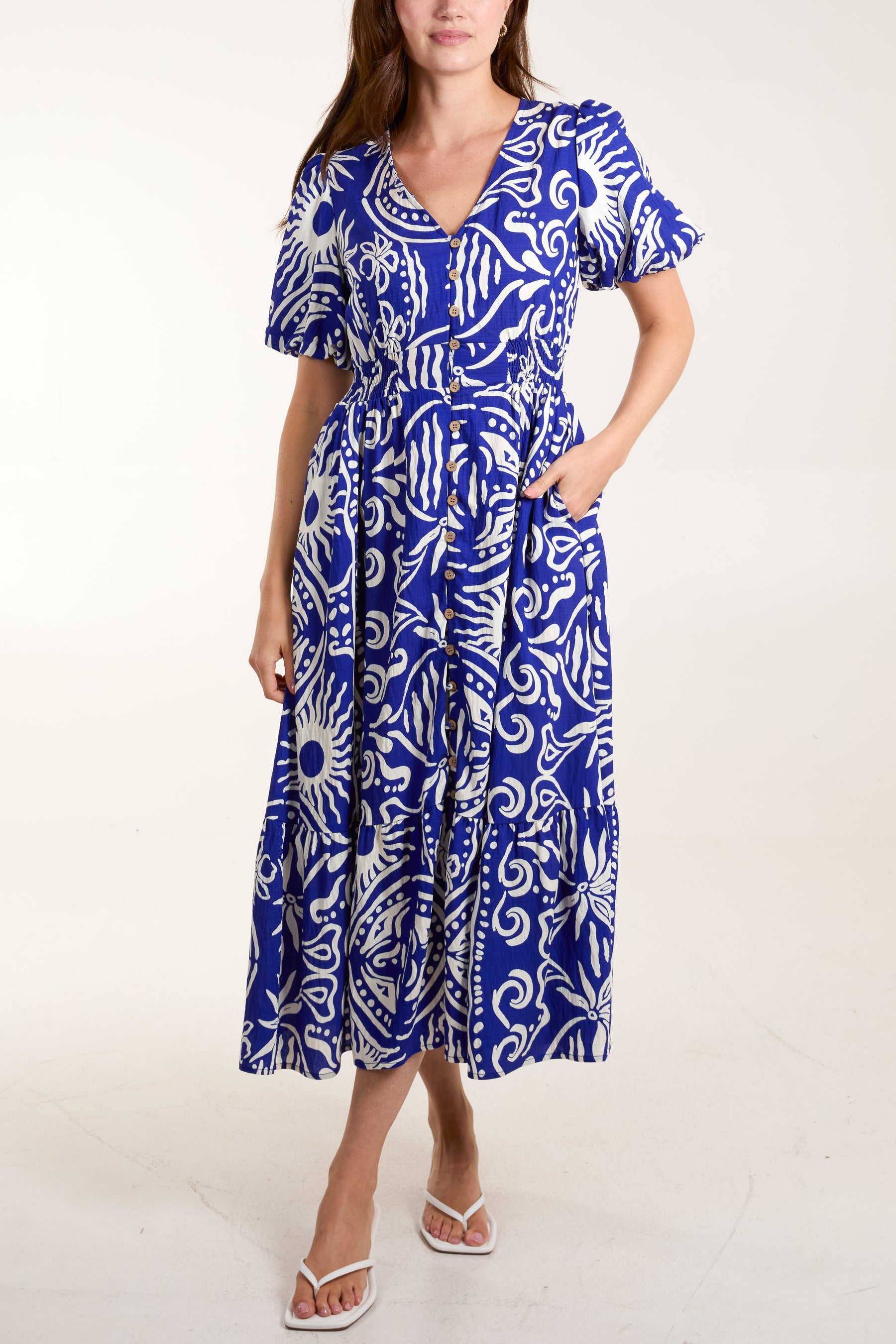 Abstract Puff Sleeve Button Through Midi Dress