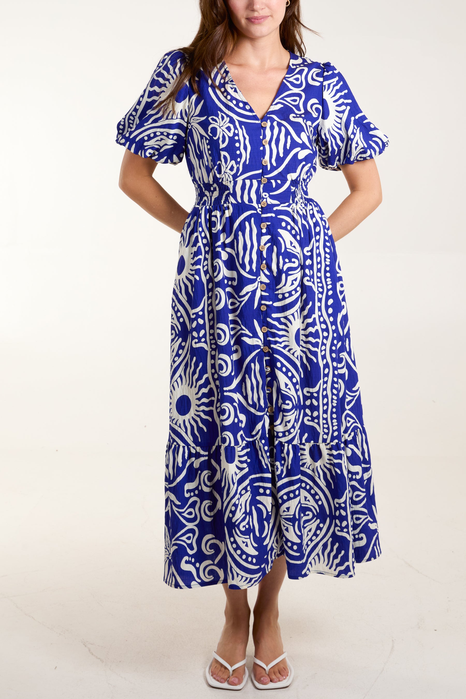 Abstract Puff Sleeve Button Through Midi Dress