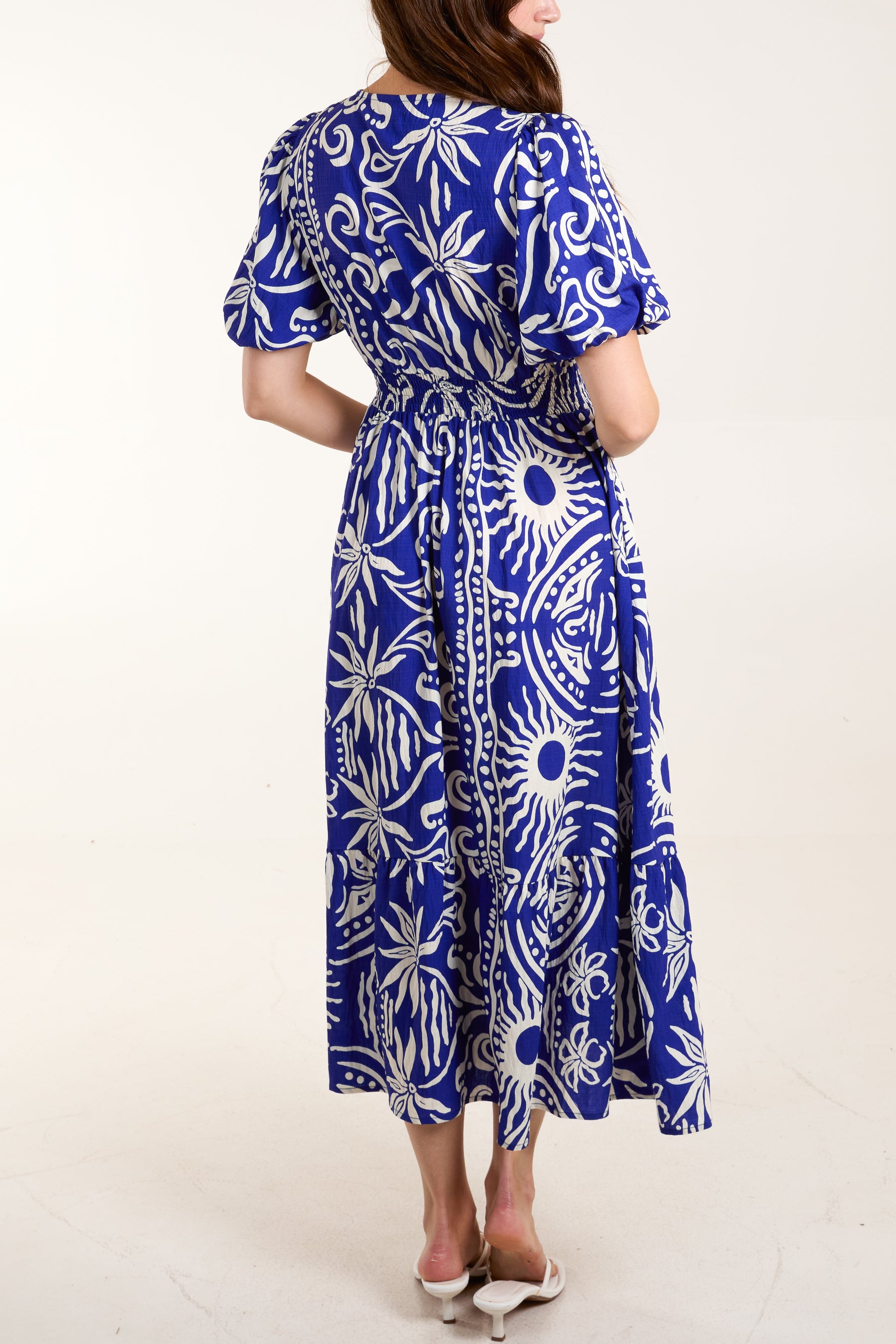 Abstract Puff Sleeve Button Through Midi Dress