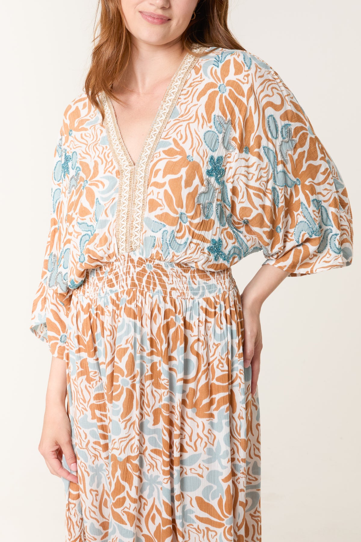 Beaded Leaf Print V Front & Back Maxi Dress