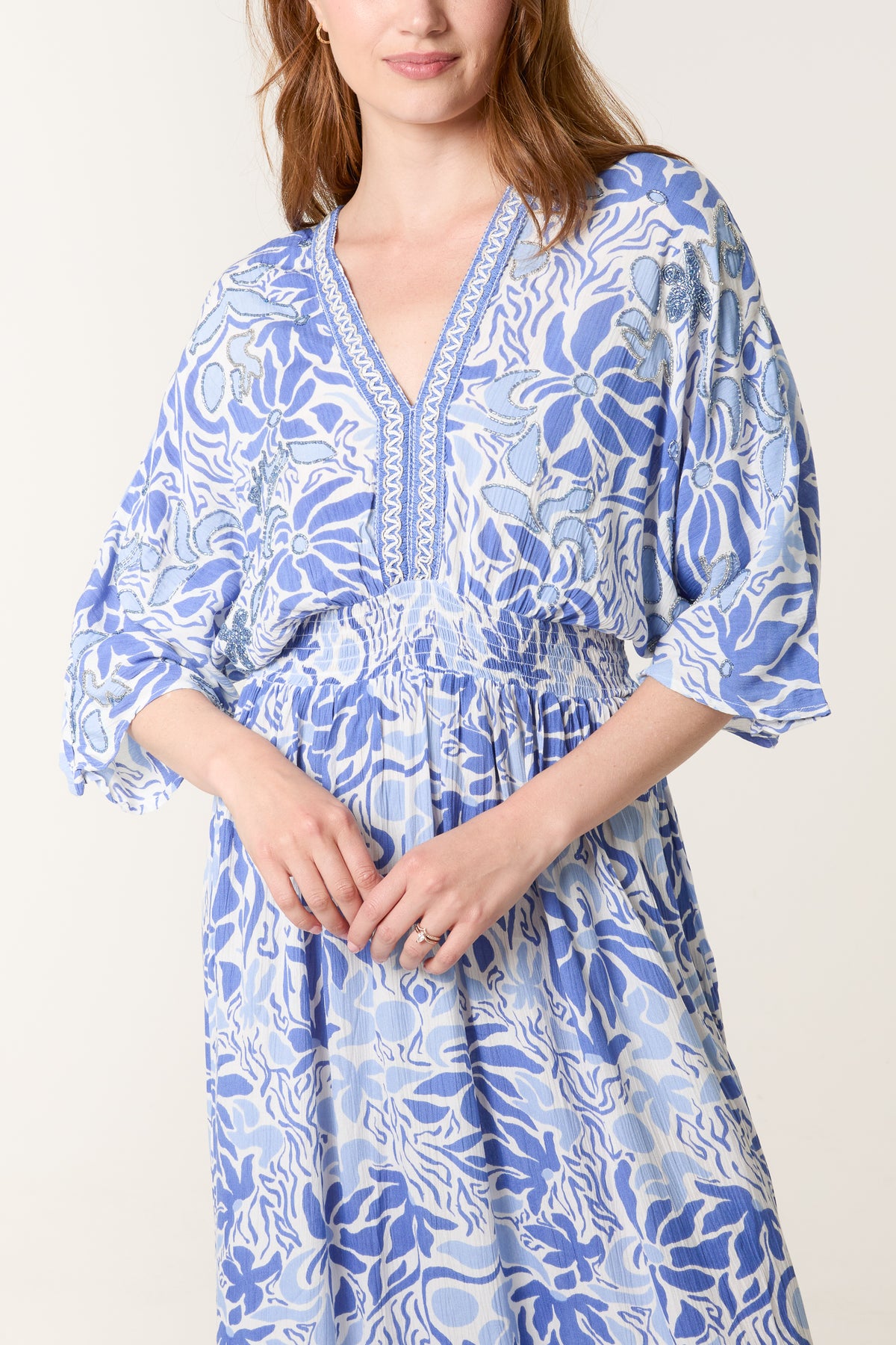Beaded Leaf Print V Front & Back Maxi Dress
