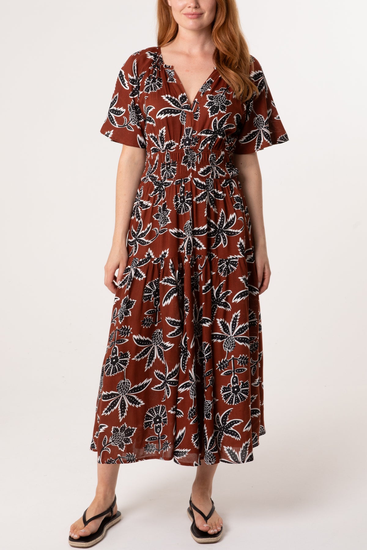 Leaf Print Notch Collar Dress
