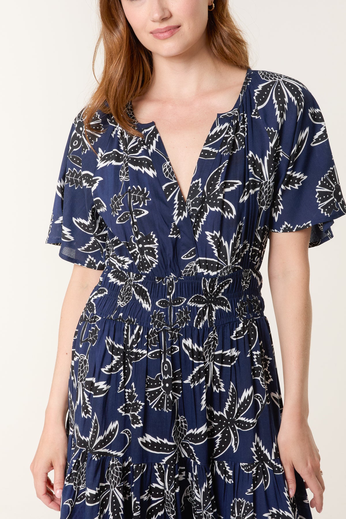 Leaf Print Notch Collar Dress
