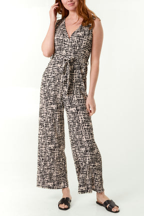 Geo Wrap Sleeveless Belted Jumpsuit