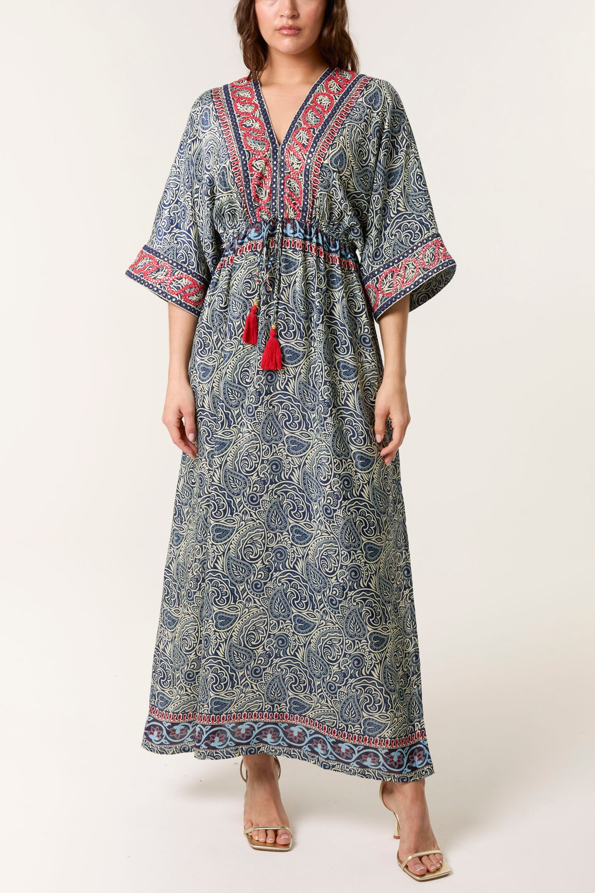 Embellished Paisley Print Kimono Dress