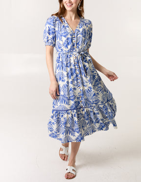 Leaf Print Coconut Button Midi Dress