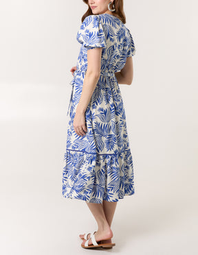 Leaf Print Coconut Button Midi Dress