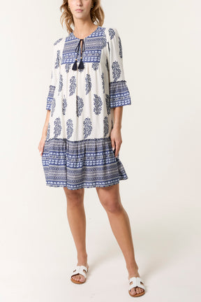 Mixed Print Tassels Smock Dress