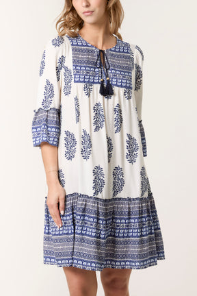 Mixed Print Tassels Smock Dress