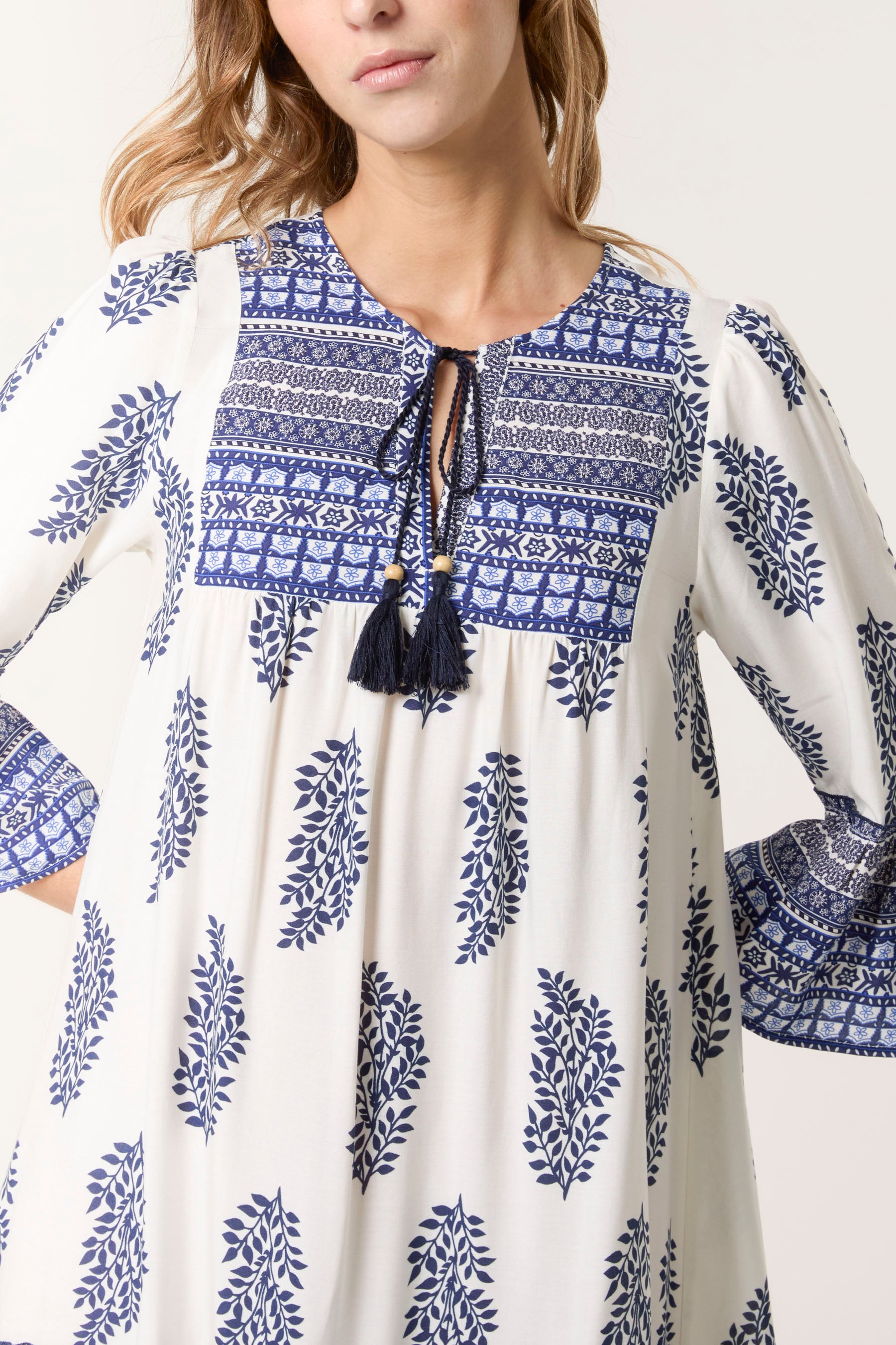 Mixed Print Tassels Smock Dress