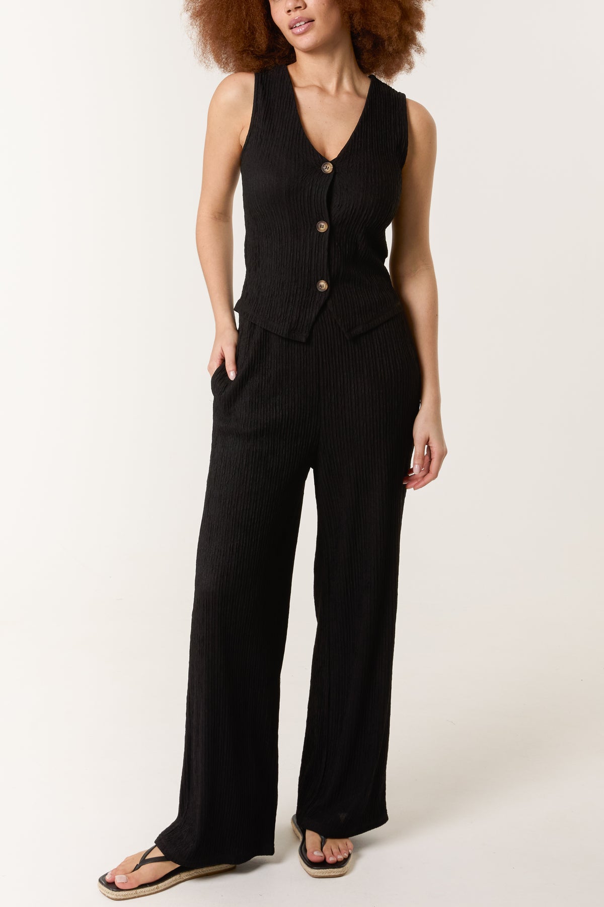 Ribbed Button-Up Waistcoat & Trouser Set