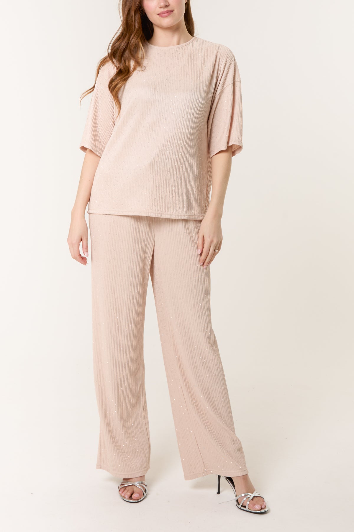 Diamante Ribbed T-Shirt & Wide Leg Trouser Set