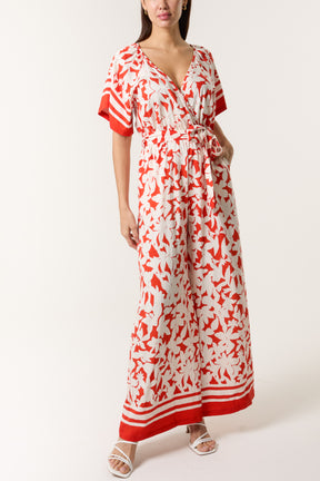 Tropical Floral Wide-Leg Wrap Jumpsuit