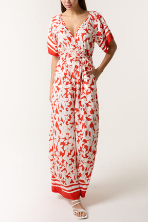 Tropical Floral Wide-Leg Wrap Jumpsuit