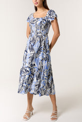 Leaf Print Square Neck Midi Dress