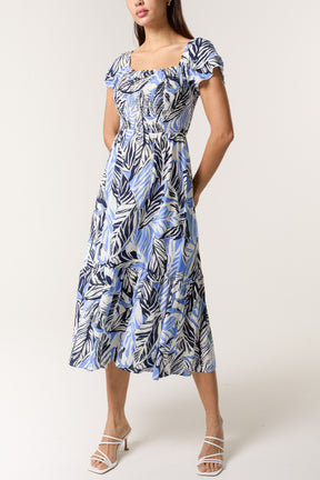 Leaf Print Square Neck Midi Dress