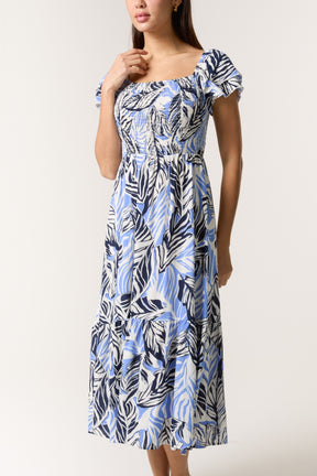 Leaf Print Square Neck Midi Dress